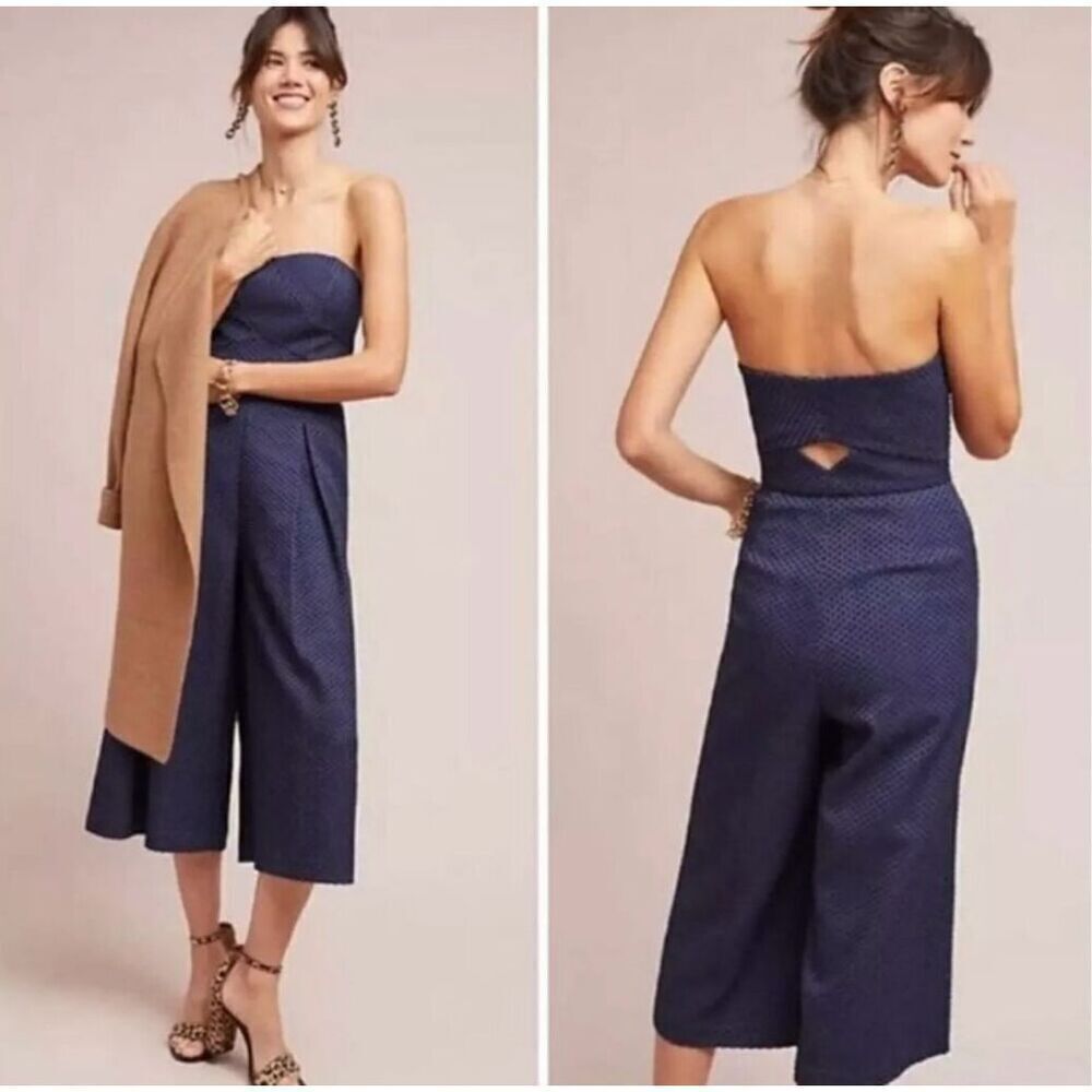 Anthropologie Greylin Madeline Navy & Blue Swiss Dot Strapless Jumpsuit Sz S EUC